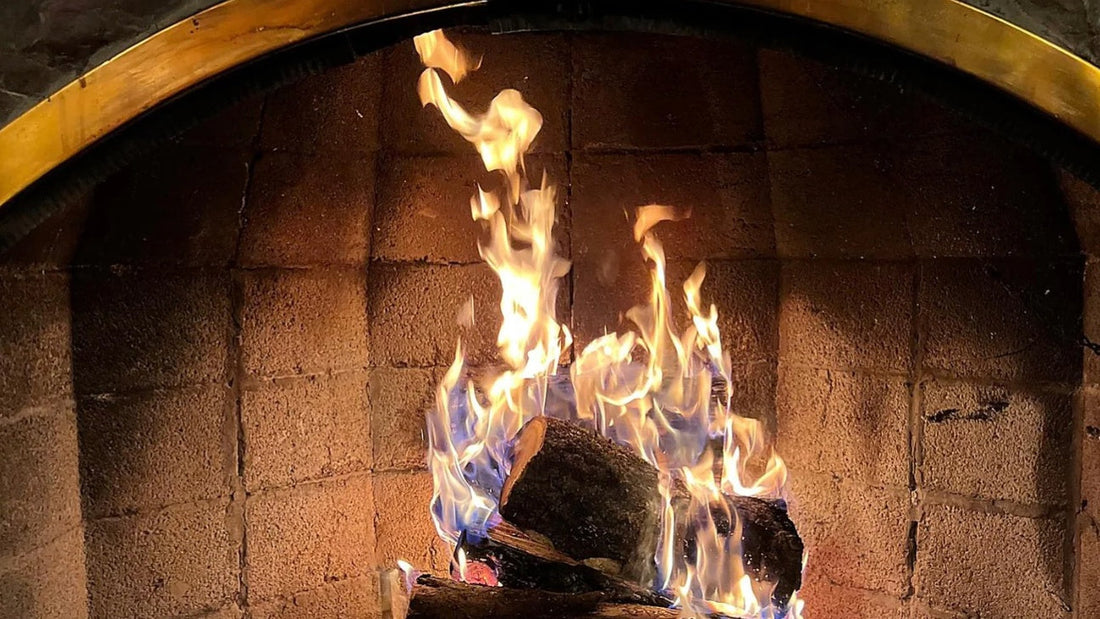 Fire burning in a brick fireplace, symbolizing warmth, resilience, and simple living.